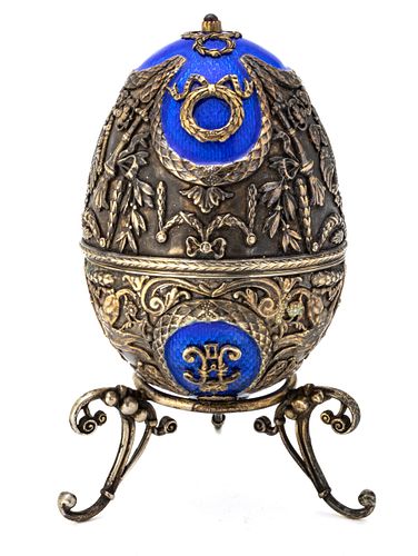 Russian 84 Silver & Blue Enamel Double Headed Eagle Easter Egg H 3.7'' 188g