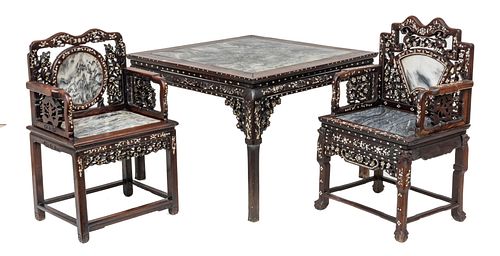 Chinese Rosewood & Marble Table With Chairs, Ca. 1900, H 30'' W 41.5'' L 41.5''