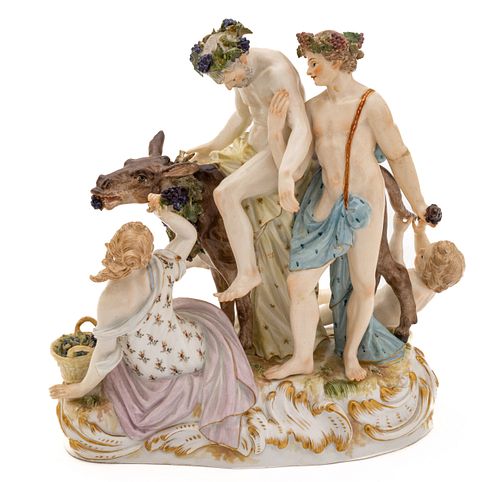 Meissen (German) Hand Painted Porcelain Figural Grouping, Ca. 19th C., "Drunken Silenus On A Donkey", H 8.5'' W 8.5''