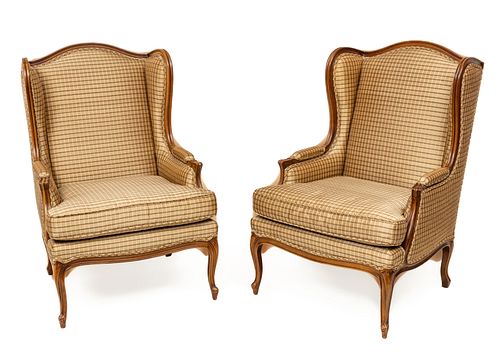 Carved Walnut Wingback Chairs, H 41.5'' W 28'' Depth 26'' 1 Pair