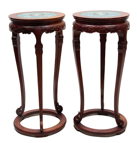 Chinese Carved Wood & Cloisonne Pedestal Tables, H 35'' Dia. 17'' 1 Pair