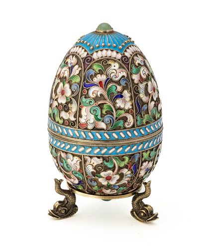 Russian 84 Russian Enamel And Silver Easter Egg Box H 4'' Dia. 2.2''