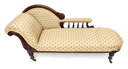 Mahogany Chaise, Upholstered Ca. 1940, H 34'' L 74'' Depth 24''
