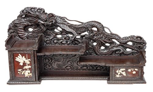 Japanese Carved Teakwood Desk Shelf, Dragon Motif, H 22'' W 42'' Depth 9.5''