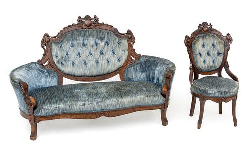 Carved Walnut Settee & Parlor Chair, Ca. 1870, H 40'' W 64'' Depth 22''