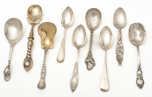 Sterling & 800 Silver Fancy Serving Spoons Ca. 1900, 11.4t oz 9 pcs