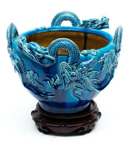 Chinese Glazed Turquoise Jardinere Ca. 1900, H 7'' Dia. 8.5''