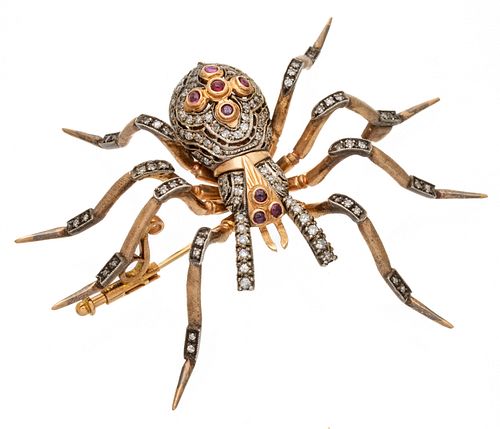Gold, Rubies, Diamonds Spider Brooch In The Russian Style Ca. 1900, W 2.5'' 19.8g