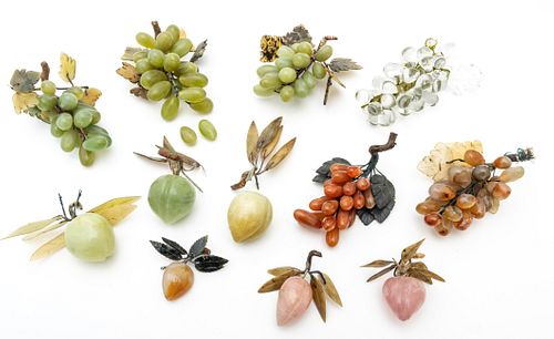 Chinese Jade, Carnelian & Rose Quartz Grapes Clusters & Fruit, L 8'' 12 pcs