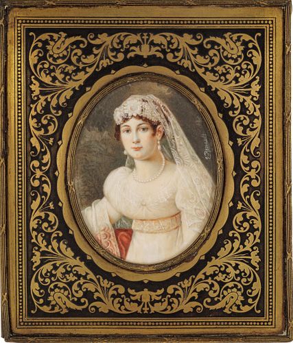 E. Renault, French Watercolor, Miniature, Ex. Rose Terrace Ca. 1800, H 3.2'' W 2.5'' Boulle Frame