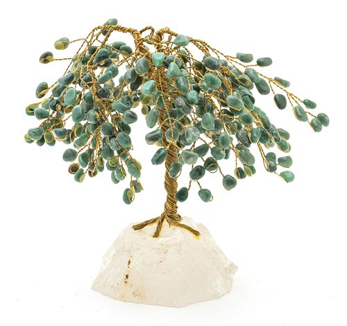 Chinese Rock Crystal & Jade Prosperity Bonsai Tree, H 7.25''