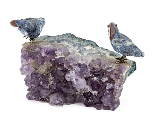 Amethyst & Lapis Bird Figurines On Quartz Geode, H 3'' W 2'' L 4''