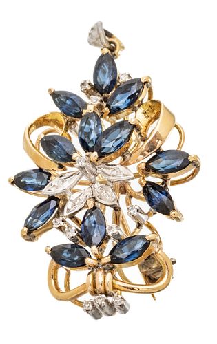 14 Kt Yellow Gold Sapphire And Diamond Brooch/ Pendant