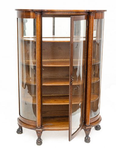 American Oak & Glass Cabinet, Curved Glass, Claw And Ball Feet Ca. 1880, H 62'' W 43.5'' Depth 16''