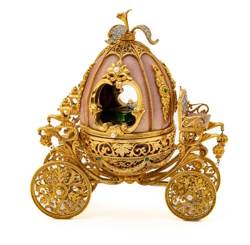 Russian Pink Enamel Easter Egg Carriage With Music Box H 6'' L 5.5''