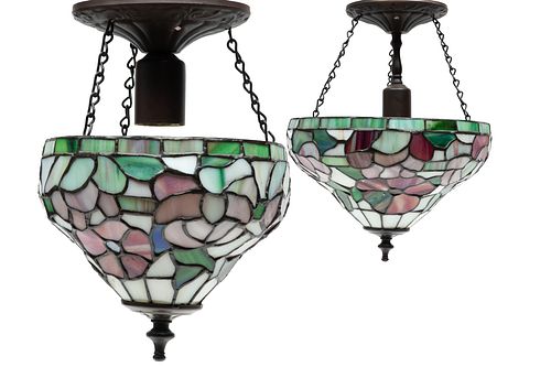 Pair of Leaded Glass Floral Pattern Chandeliers, H. 10"-12.5"; Dia. 7.25"-10.5"