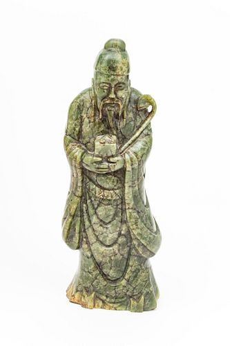 Chinese  Carved Green Jade Emperor With Box And Staff C. 19th.c., H 12''