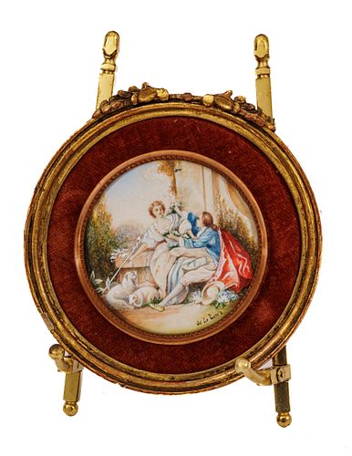 French Watercolor, Round Miniature, Ca. 19th.c., Dia. 2.7''