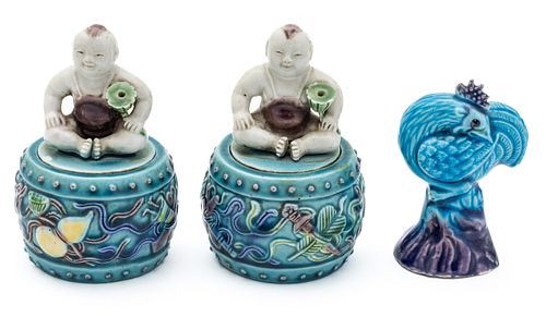 Chinese Porcelain Figures, Boys On Barrels 3.2". Blue Glaze Cock 2.5" Ca. 1900, 3 pcs