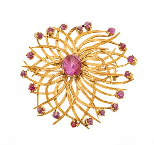 Yellow Gold And Ruby Brooch Dia. 1.75''