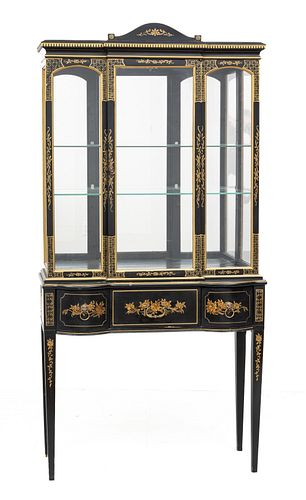 Black Lacquered Chinoiserie Carved Wood Cabinet, H 66.5'' W 32.75'' Depth 15''