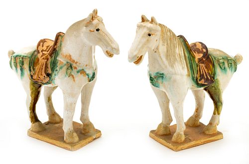 Pair of Asian Glazed Pottery Horses, H 9'' W 3'' L 8''