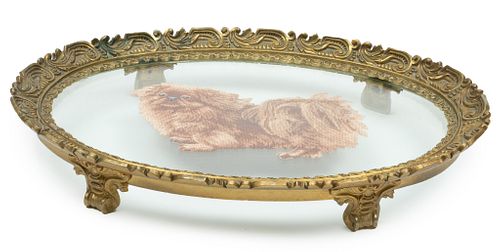 French Bronze Oval Tray, Petit-point Image Of Dog H 2'' W 10'' L 14''