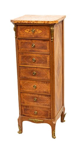 French Louis XVI Style Fruitwood Parquetry Semainier, Marble Top, C. 1900, H 46'' W 17'' Depth 15.5''