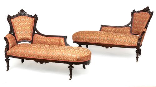 Renaissance Revival Walnut Chaise Lounges, Ca. 1870, H 42'' W 33'' L 70'' 1 Pair