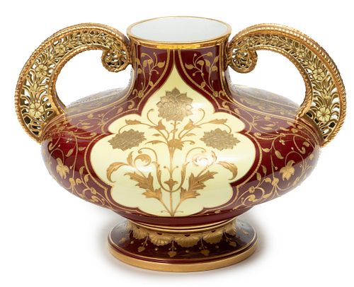 Royal Crown Derby (England, Est. 1750) Painted Porcelain Urn, Raised Gold Accents, Ca. 1880, H 8'' W 11''