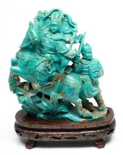 Chinese Turquoise Stone Carving, Lady Warrior On Horse, Ca. 19th C., H 5'' W 5''