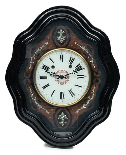 French Napoleon III Ebony & Mother Of Pearl Wall Clock,  19th C., H 24'' W 19.5''
