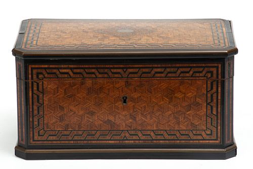 English Marquetry Tea Box, Brass And Ebony Inlay Ca. 19th.c., H 5'' L 10'' Depth 6''