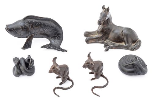 Bronze Miniatures: 2 Rats, Snail, Cobra, Horse And Fish, H 1.5'' 6 pcs