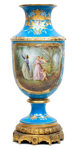 French Sevres Porcelain Handpainted Urn Ca. 19th.c., H 26.5'' Dia. 11.5''