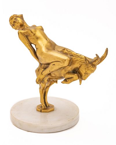 Bronze D'ore Nude Riding Goat, Mounted On White Marble, Ca. 1900, H 10'' L 11''