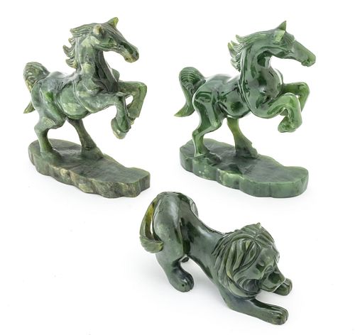 Carved Jade Horse And Lion Figurines, H 6'' W 1.5'' L 4.25'' 3 pcs