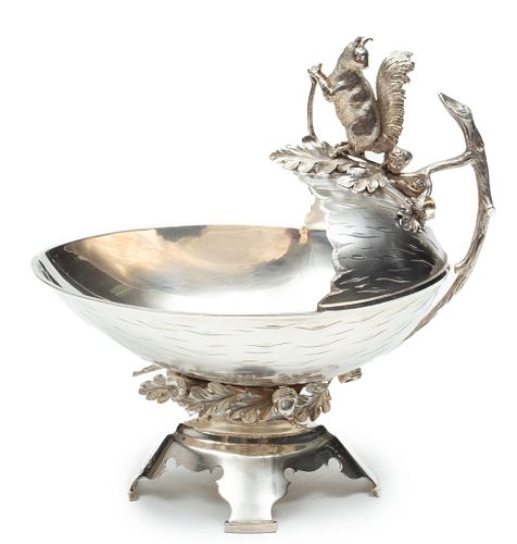 Middletown Silver Co. (Connecticut) Silver Plate Nut Bowl With Squirrel, Ca. 1870, H 12.5'' W 8'' L 12.5''