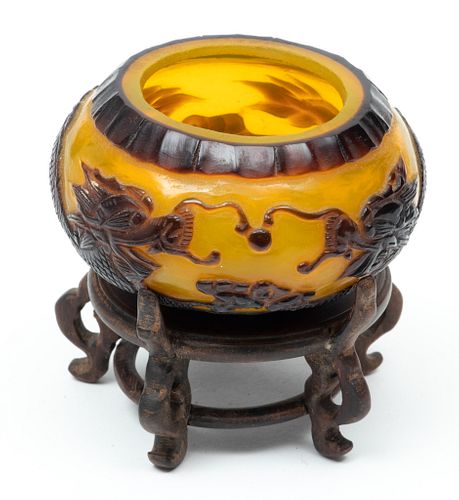 Chinese Pekin Glass Miniature Vase, Burgundy On Citrine Ca. 19th.c., H 2'' Dia. 3''
