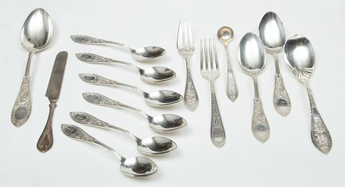 Newell Harding, Boston 1796 - 62, Sterling Silver (9 Pieces) Exotic Bird Pattern+ 5 Others Ca. 1875, 13t oz 14 pcs