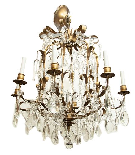 Crystal And Gilt Metal Eight Light Chandelier, Mansion Size 20th C., H 29'' Dia. 26''