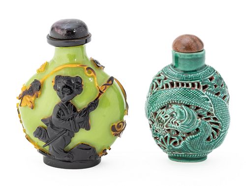 Chinese Overlay Glass And Green Porcelain Reticulated Snuff Bottles Ca. 19th.c., H 2.7'' 2 pcs