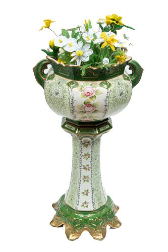 El Unico Ceramic Jardinere And Pedestal Ca. 1900, H 29'' W 17''