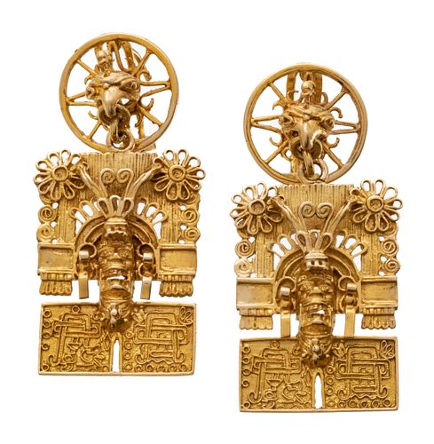 Gold Pendant Earrings, Incan Motifs 18.9g