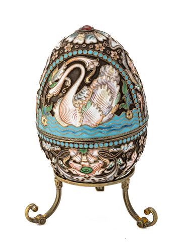 Russian 84 Silver And Enamel Easter Egg, Swan Motif H 3.5''