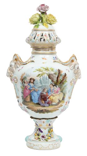 Carl Thieme (German, 1816-1888) For Dresden Handpainted Porcelain Covered Urn, H 27'' W 10'' L 14''