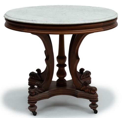 Eastlake Movement Mahogany & Marble 'Turtle Top' Table, Ca. 1900, H 30'' W 25'' L 33''
