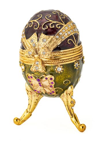 Russian Style Enamel Decorated Easter Egg On Three Legs, With Music Box Ca. 1990, H 5.2''