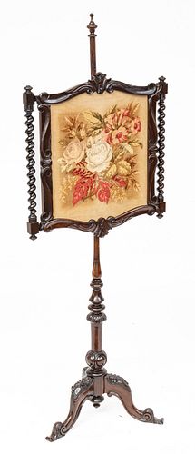 Mahogany Carved Fire Screen Pole, Needle Pointe Panel Ca. 1900, H 62'' W 23''