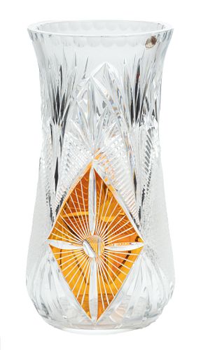 Irish Crystal Cut Glass Flower Vase, Amber Panels H 12'' Dia. 6''